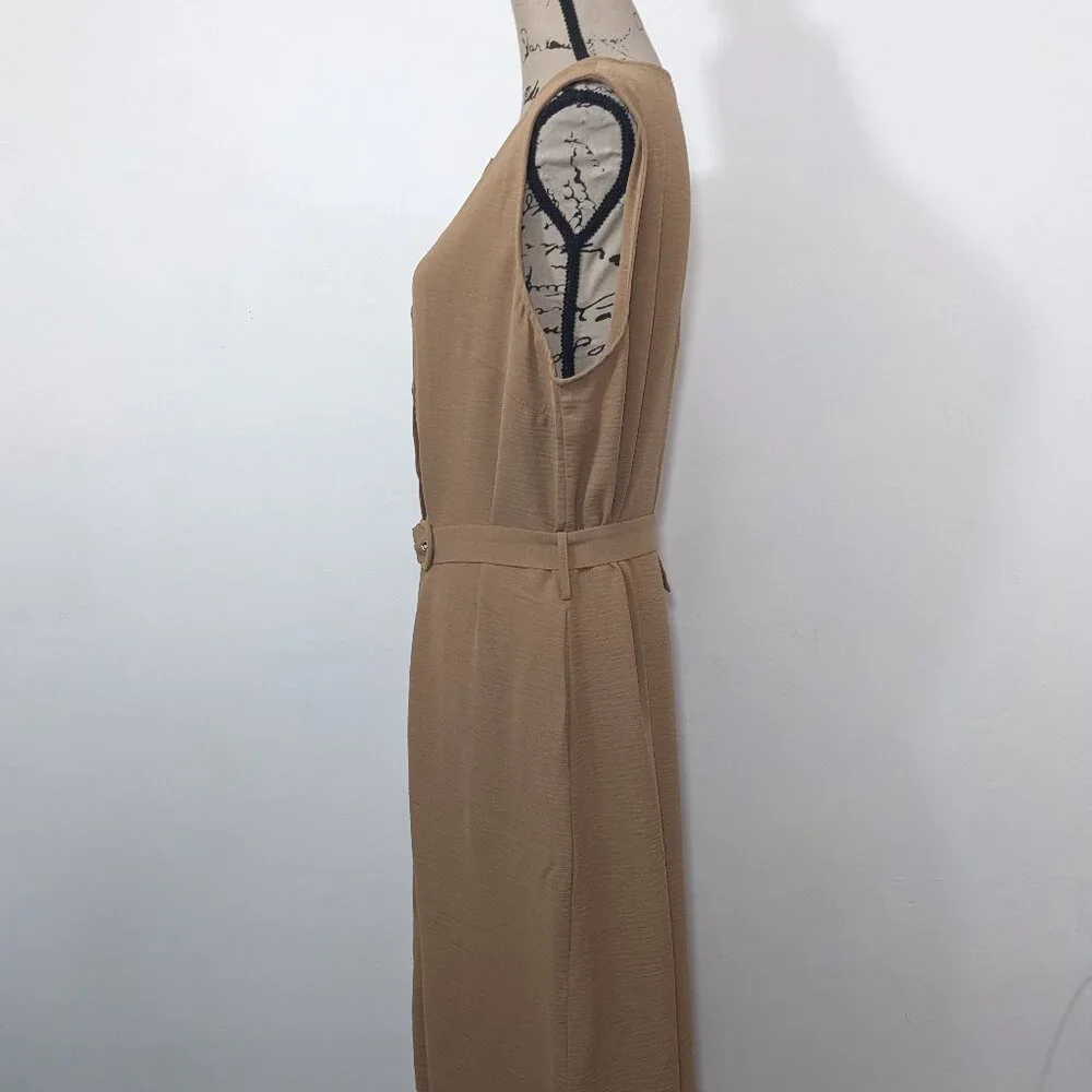 NWT Grace Karin Beige Sleeveless Summer Textured Midi Dress Belted Buttons XL - Picture 5 of 13